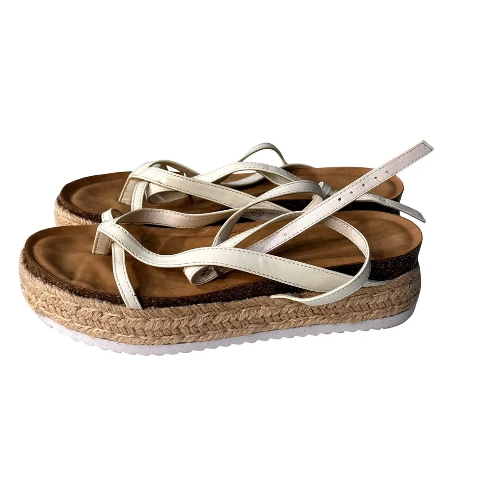 Rilista Womens White Strappy Espadrille Platform Sandals Size 8.5 Buckle Ankle